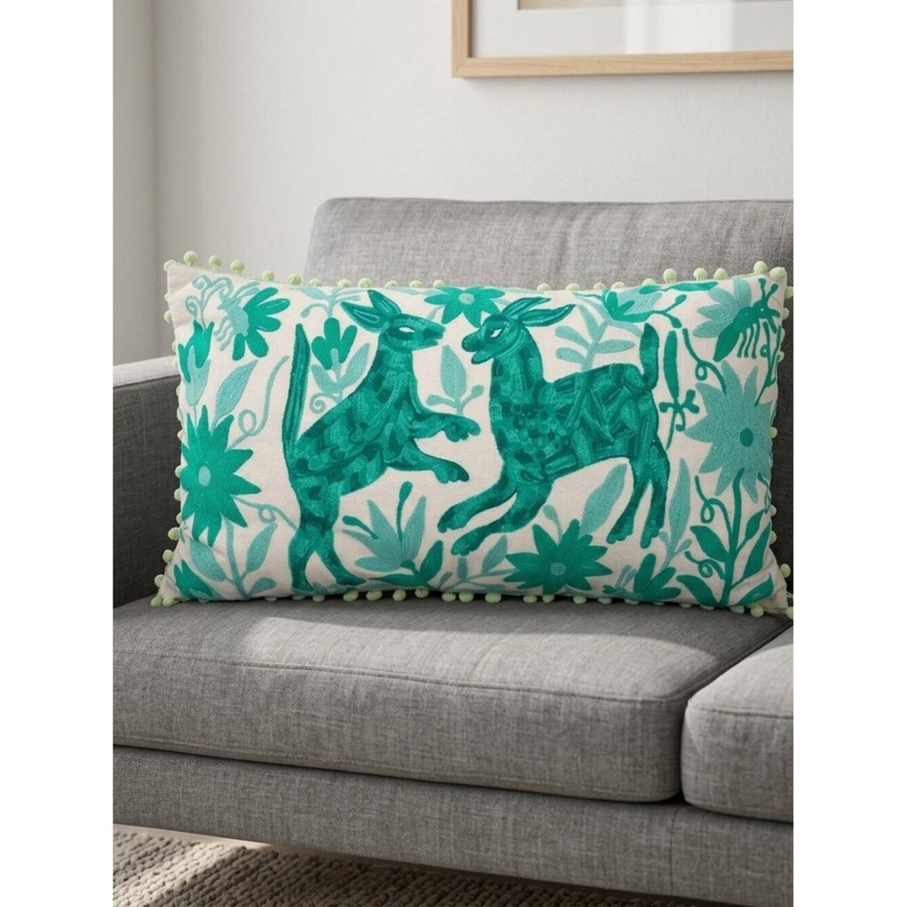 Karma Living Teal Otomi Embroidered Lumbar Pillow Pom Pom Trim Cotton 12x20